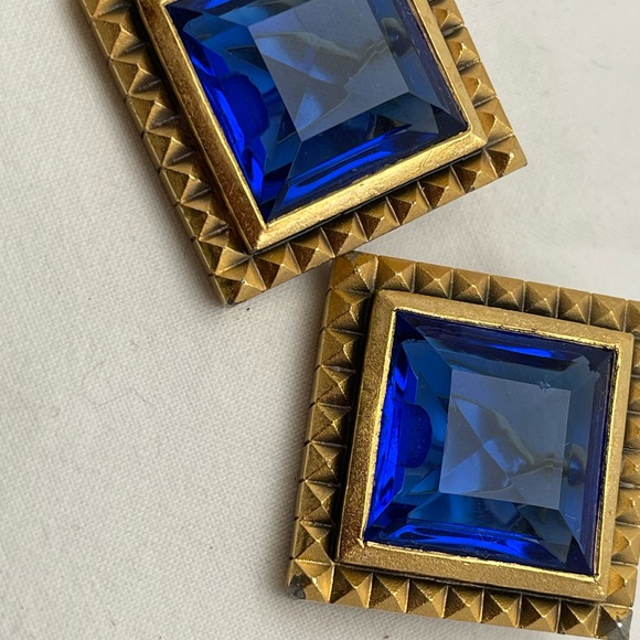 Vintage Yves St Laurent Clip on Blue Glass Runway Earrings - Picture 2 of 4
